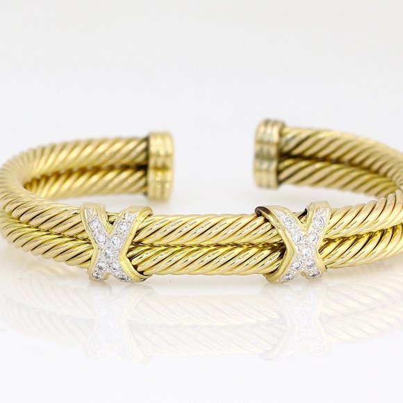 18k Yellow Gold Double Cable Row Diamond and Yellow Gold Cuff - Picture 2 of 3